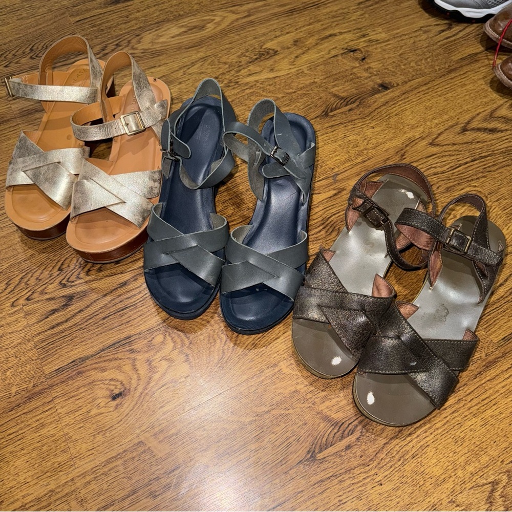 3 Pair Kork-Ease Platform Wedge Sandals Sz 39 8/9 Blue Gray Bronze Gold